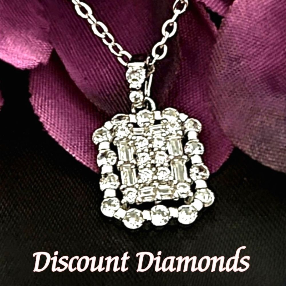 Clear White Round & Square Baguette Diamond Pendant Necklace 925 Silver